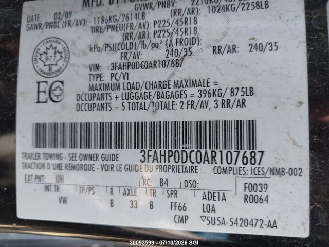 Продаж на аукціоні авто 2010 Ford Fusion Sport, vin: 3FAHP0DC0AR107687, номер лоту: 30093599