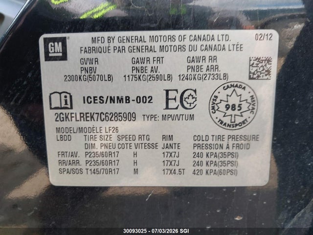 Aukcja sprzedaży 2012 Gmc Terrain Sle, vin: 2GKFLREK7C6285909, numer aukcji: 30093025