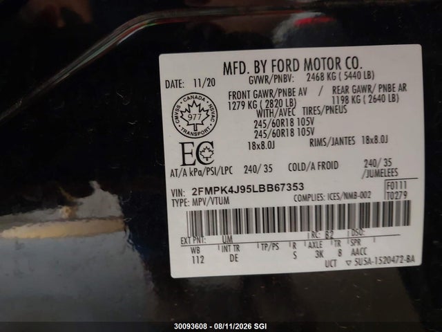 30093608 :رقم المزاد ، 2FMPK4J95LBB67353 vin ، 2020 Ford Edge Sel مزاد بيع