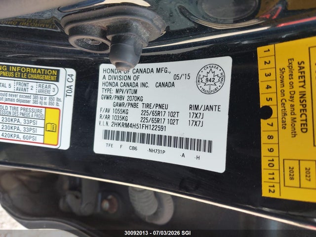 Aukcja sprzedaży 2015 Honda Cr-v Ex, vin: 2HKRM4H51FH122591, numer aukcji: 30092013