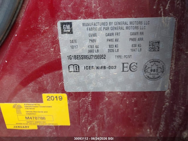 Aukcja sprzedaży 2018 Chevrolet Cruze Lt, vin: 1G1BE5SM9J7156952, numer aukcji: 30093112