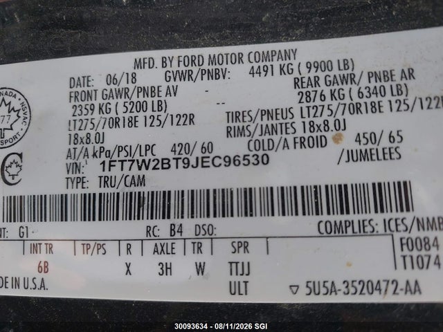 Продаж на аукціоні авто 2018 Ford F250 Super Duty, vin: 1FT7W2BT9JEC96530, номер лоту: 30093634