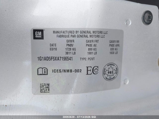 Aukcja sprzedaży 2010 Chevrolet Cobalt 1lt, vin: 1G1AD5F5XA7196541, numer aukcji: 30093639