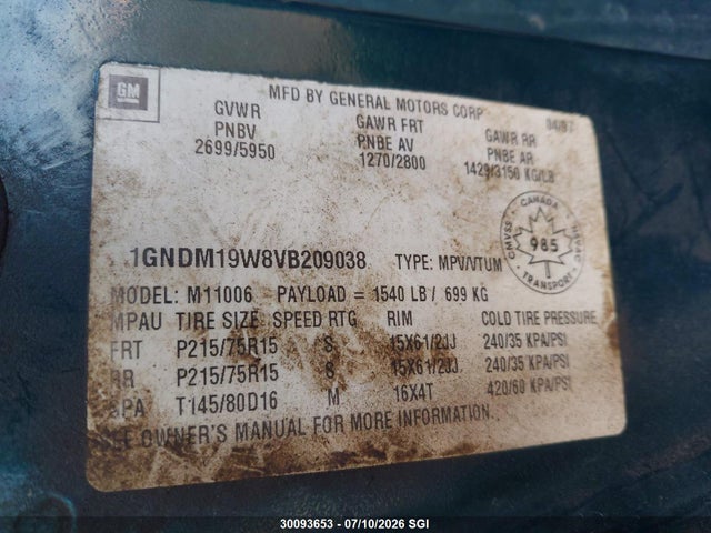 Aukcja sprzedaży 1997 Chevrolet Astro, vin: 1GNDM19W8VB209038, numer aukcji: 30093653