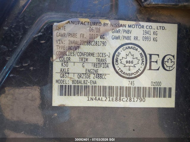Продажа на аукционе авто 2008 Nissan Altima 2.5/2.5s, vin: 1N4AL21E88C281790, номер лота: 30092401