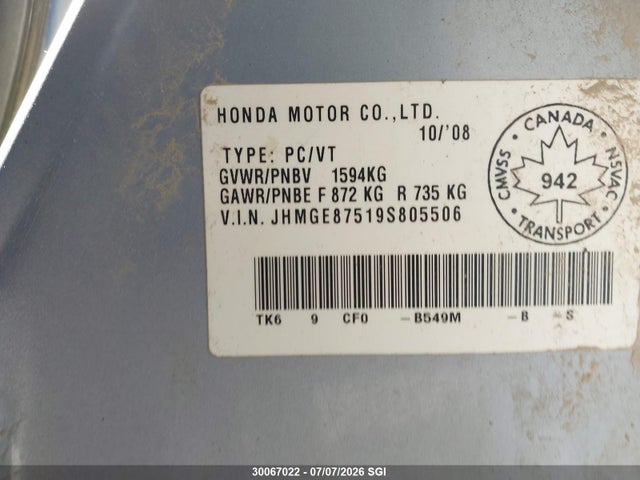 2009 Honda Fit Lx მანქანა იყიდება აუქციონზე, vin: JHMGE87519S805506, აუქციონის ნომერი: 30067022