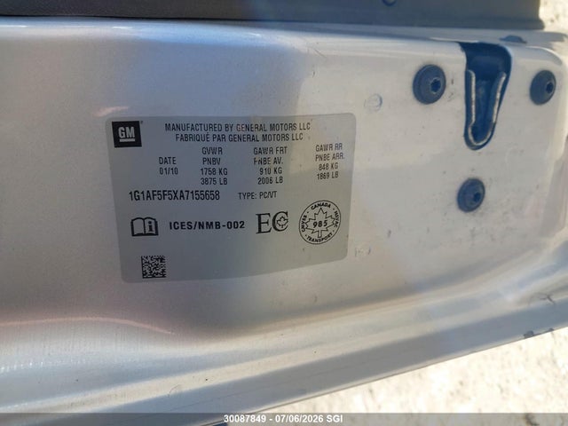 Aukcja sprzedaży 2010 Chevrolet Cobalt 2lt, vin: 1G1AF5F5XA7155658, numer aukcji: 30087849