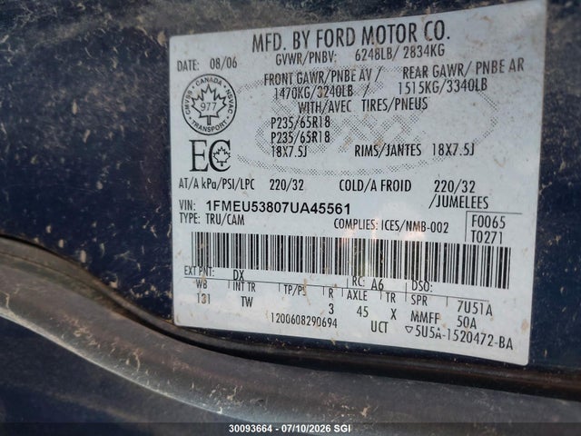 Aukcja sprzedaży 2007 Ford Explorer Sport Trac Limited, vin: 1FMEU53807UA45561, numer aukcji: 30093664