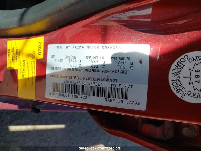 Aukcja sprzedaży 2002 Mazda Protege Dx/lx/es, vin: JM1BJ225121557264, numer aukcji: 30093483