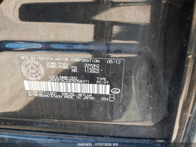 30093455 :رقم المزاد ، JTHCF5C23C5058471 vin ، 2012 Lexus Is 250 مزاد بيع