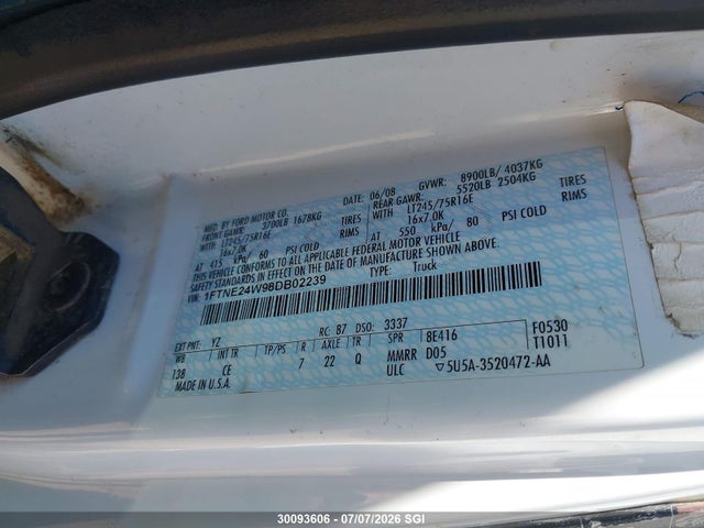 Продаж на аукціоні авто 2008 Ford E-250 Commercial/recreational, vin: 1FTNE24W98DB02239, номер лоту: 30093606