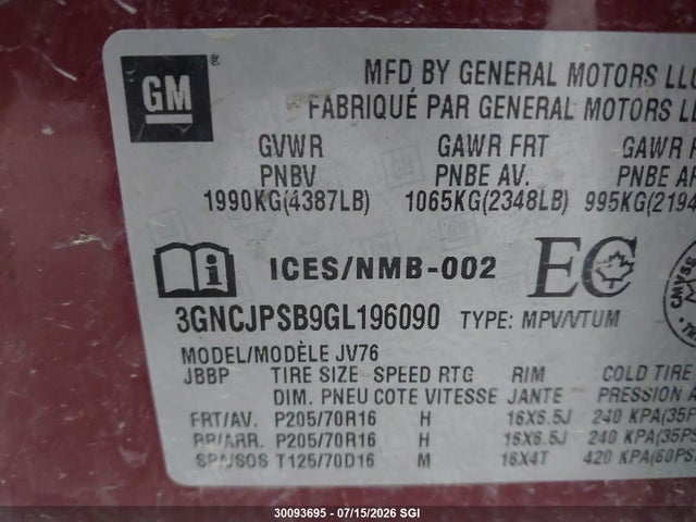 Chevrolet TRAX 1LT 2016 3GNCJPSB9GL196090 Image 9
