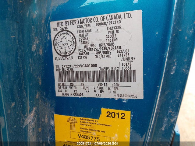 30091724 :رقم المزاد ، 2FTZX1722WCB01008 vin ، 1998 Ford F150 مزاد بيع
