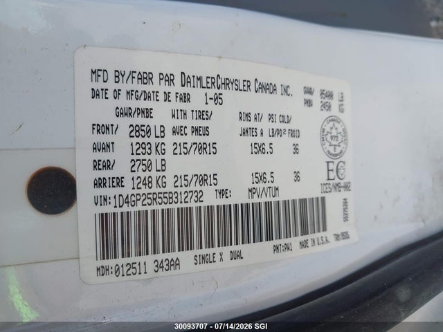 Продаж на аукціоні авто 2005 Dodge Caravan Se, vin: 1D4GP25R55B312732, номер лоту: 30093707