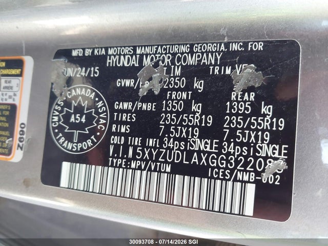 Aukcja sprzedaży 2016 Hyundai Santa Fe Sport, vin: 5XYZUDLAXGG322088, numer aukcji: 30093708