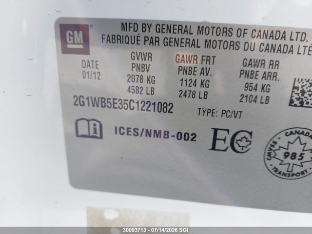 Продажа на аукционе авто 2012 Chevrolet Impala Lt, vin: 2G1WB5E35C1221082, номер лота: 30093713