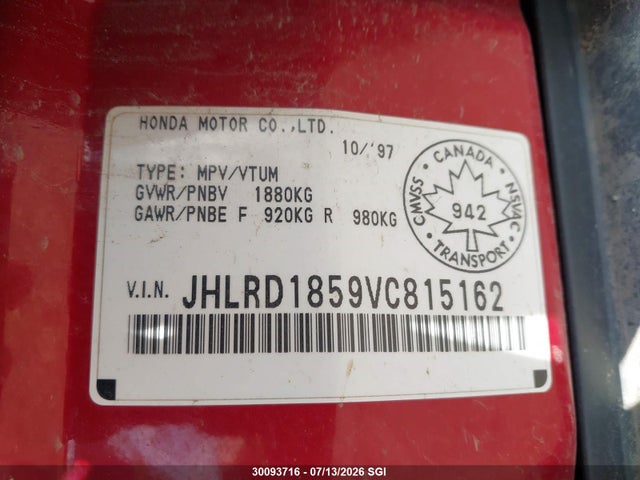 Aukcja sprzedaży 1997 Honda Cr-v Lx, vin: JHLRD1859VC815162, numer aukcji: 30093716