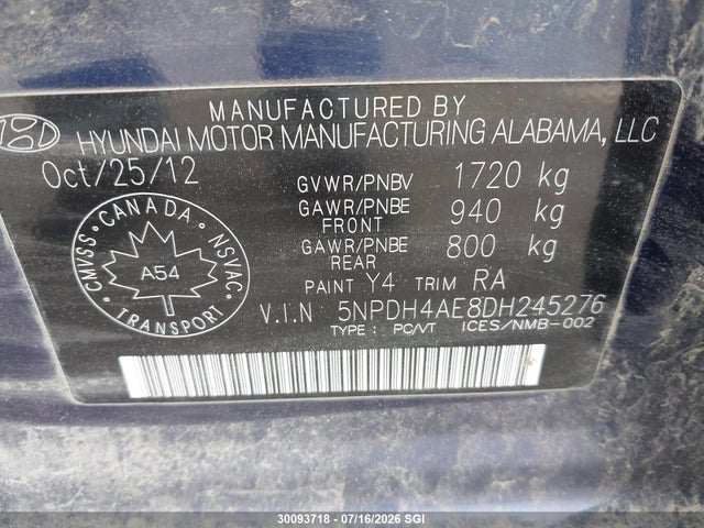 30093718 :رقم المزاد ، 5NPDH4AE8DH245276 vin ، 2013 Hyundai Elantra Gls/limited مزاد بيع