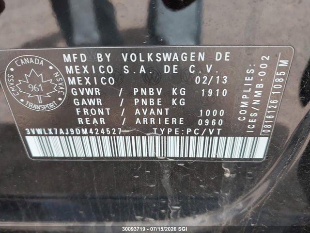 30093719 :رقم المزاد ، 3VWLX7AJ9DM424527 vin ، 2013 Volkswagen Jetta Sel مزاد بيع