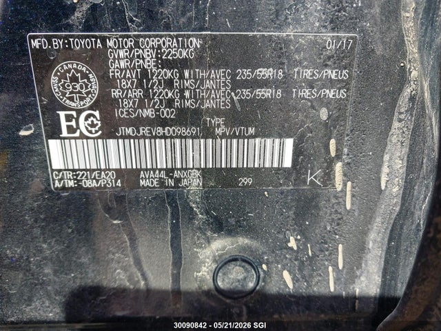 2017 Toyota Rav4 Hv Limited მანქანა იყიდება აუქციონზე, vin: JTMDJREV8HD098691, აუქციონის ნომერი: 30090842