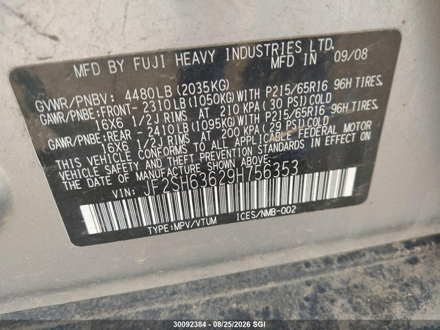 2009 Subaru Forester 2.5x Premium მანქანა იყიდება აუქციონზე, vin: JF2SH63629H756353, აუქციონის ნომერი: 30092384