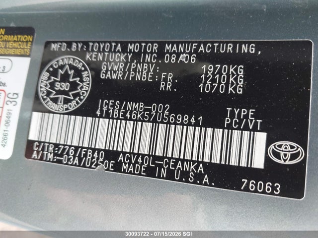 Продаж на аукціоні авто 2007 Toyota Camry Le/se, vin: 4T1BE46K57U569841, номер лоту: 30093722