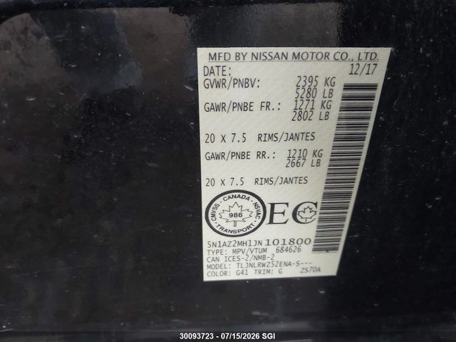 5N1AZ2MH1JN101800 Nissan Murano S/sl/sv/platinum