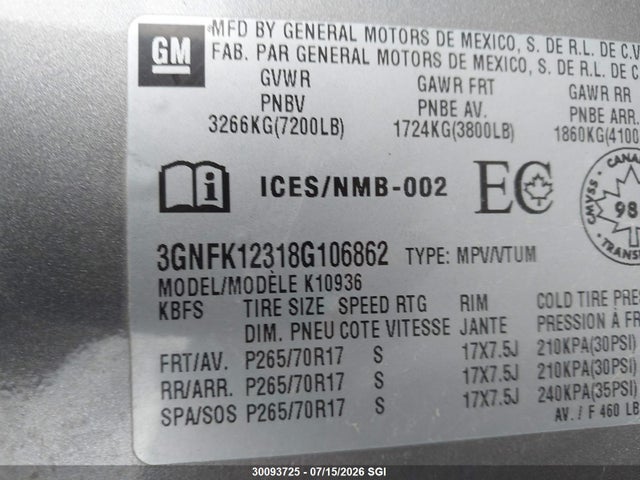 Aukcja sprzedaży 2008 Chevrolet Avalanche K1500, vin: 3GNFK12318G106862, numer aukcji: 30093725