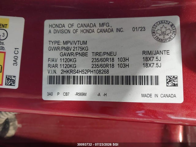 30093732 :رقم المزاد ، 2HKRS4H52PH108268 vin ، 2023 Honda Cr-v Sport مزاد بيع
