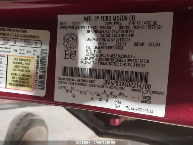 Продаж на аукціоні авто 2013 Ford Fusion Titanium, vin: 3FA6P0D94DR314700, номер лоту: 30092091
