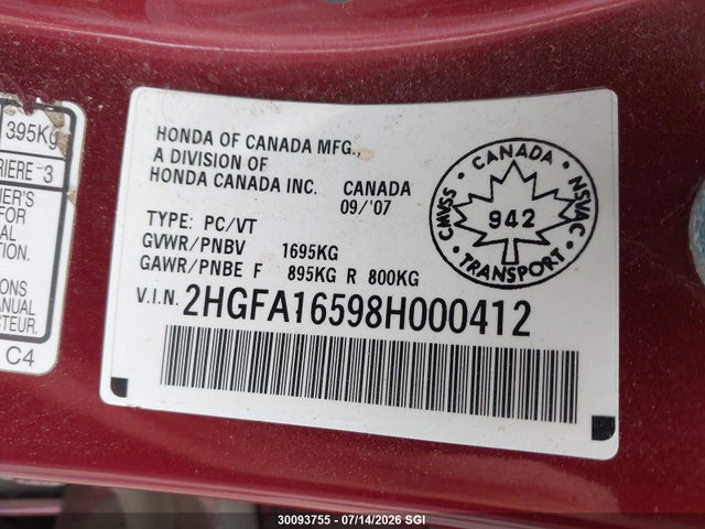 Продажа на аукционе авто 2008 Honda Civic Lx, vin: 2HGFA16598H000412, номер лота: 30093755