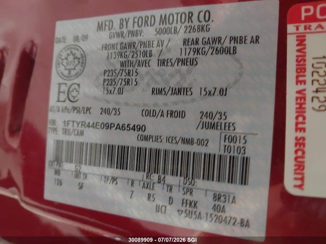 30089909 :رقم المزاد ، 1FTYR44E09PA65490 vin ، 2009 Ford Ranger Super Cab مزاد بيع