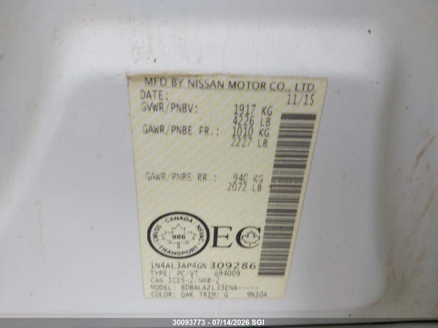 1N4AL3AP4GN309286 Nissan Altima 2.5/s/sv/sl/sr