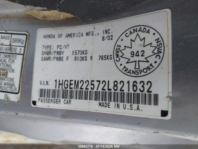 Aukcja sprzedaży 2002 Honda Civic Lx, vin: 1HGEM22572L821632, numer aukcji: 30093776