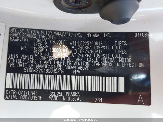 2008 Toyota Sienna Xle/xle Limited მანქანა იყიდება აუქციონზე, vin: 5TDBK22C18S015234, აუქციონის ნომერი: 30093763