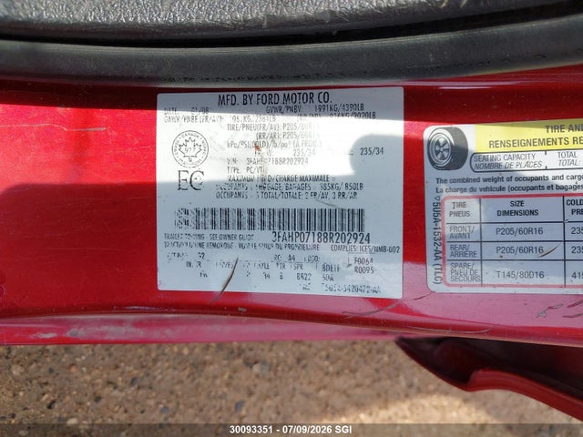 30093351 :رقم المزاد ، 3FAHP07188R202924 vin ، 2008 Ford Fusion Se مزاد بيع