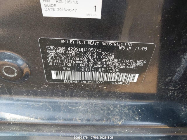 Продажа на аукционе авто 2009 Subaru Impreza 2.5i, vin: JF1GE61619H510805, номер лота: 30092379