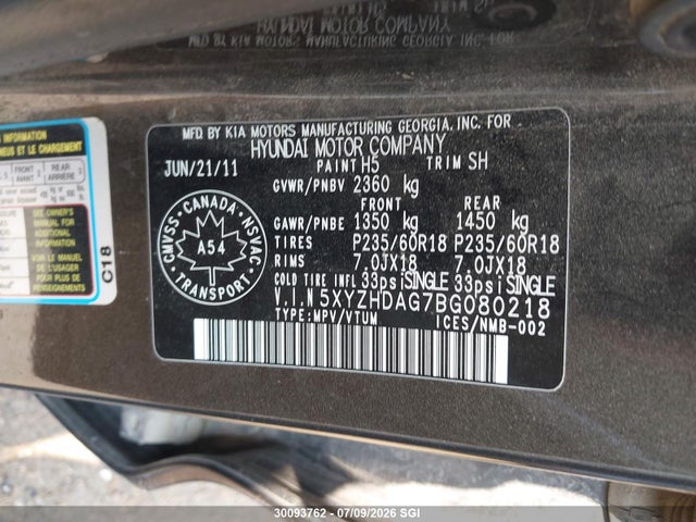 30093762 :رقم المزاد ، 5XYZHDAG7BG080218 vin ، 2011 Hyundai Santa Fe Se مزاد بيع