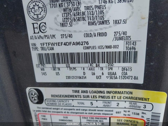 2013 Ford F150 Supercrew მანქანა იყიდება აუქციონზე, vin: 1FTFW1EF4DFA96276, აუქციონის ნომერი: 30093802