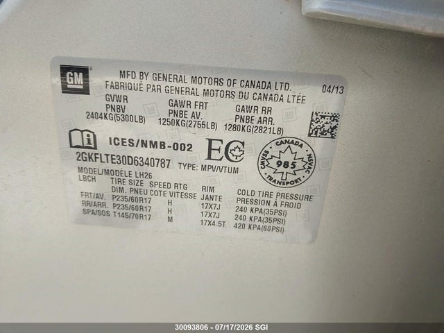 Продаж на аукціоні авто 2013 Gmc Terrain Sle-2, vin: 2GKFLTE30D6340787, номер лоту: 30093806