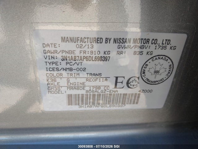 2013 Nissan Sentra S/sv/sr/sl მანქანა იყიდება აუქციონზე, vin: 3N1AB7AP6DL690397, აუქციონის ნომერი: 30093808