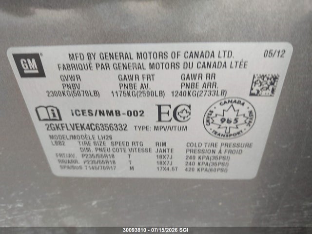 2012 Gmc Terrain Slt მანქანა იყიდება აუქციონზე, vin: 2GKFLVEK4C6356332, აუქციონის ნომერი: 30093810