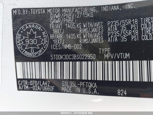 Auction sale of the 2011 Toyota Sienna Xle/limited, vin: 5TDDK3DC3BS022950, lot number: 30093811