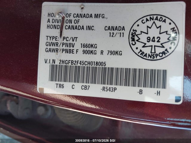 2012 Honda Civic Lx მანქანა იყიდება აუქციონზე, vin: 2HGFB2F45CH018005, აუქციონის ნომერი: 30093816
