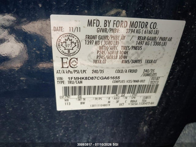 Продаж на аукціоні авто 2012 Ford Explorer Xlt, vin: 1FMHK8D87CGA61655, номер лоту: 30093817