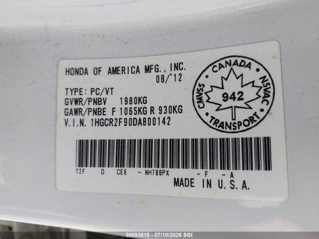 2013 Honda Accord Touring მანქანა იყიდება აუქციონზე, vin: 1HGCR2F90DA800142, აუქციონის ნომერი: 30093818