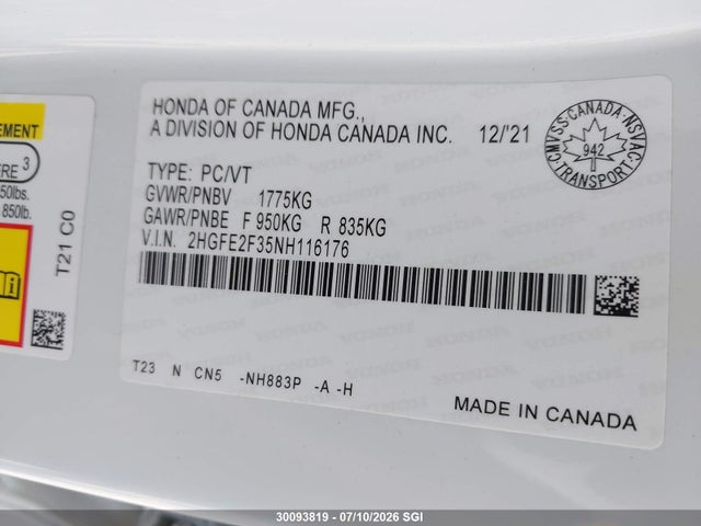 2022 Honda Civic Ex მანქანა იყიდება აუქციონზე, vin: 2HGFE2F35NH116176, აუქციონის ნომერი: 30093819