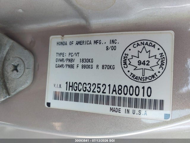 Продажа на аукционе авто 2001 Honda Accord Ex, vin: 1HGCG32521A800010, номер лота: 30093841