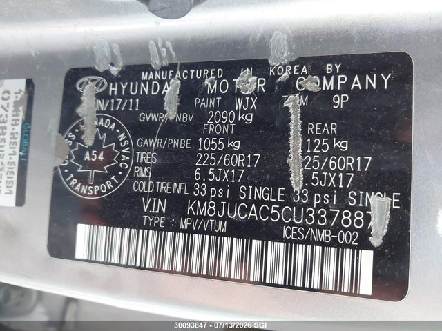 Aukcja sprzedaży 2012 Hyundai Tucson Gls/limited, vin: KM8JUCAC5CU337887, numer aukcji: 30093847