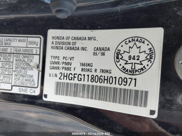 Продажа на аукционе авто 2006 Honda Civic Ex, vin: 2HGFG11806H010971, номер лота: 30093879